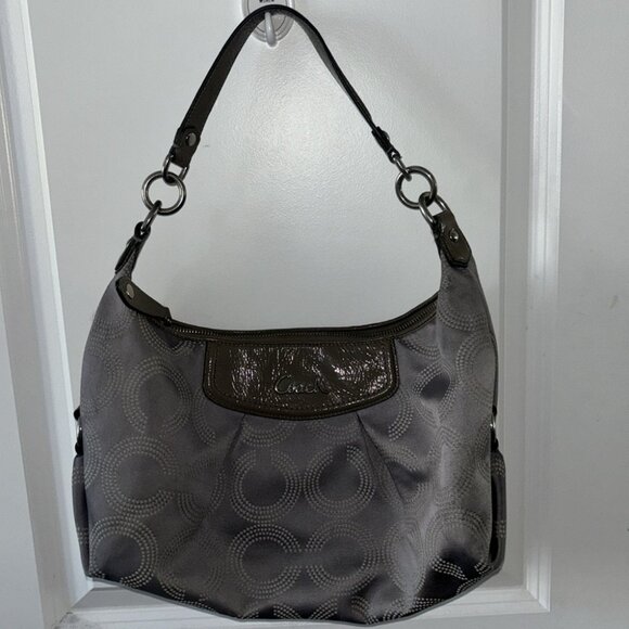 COACH Purse Vintage Ashley Dotted Op Art Jacquard & Leather Gray Hobo Bag - Picture 5 of 9
